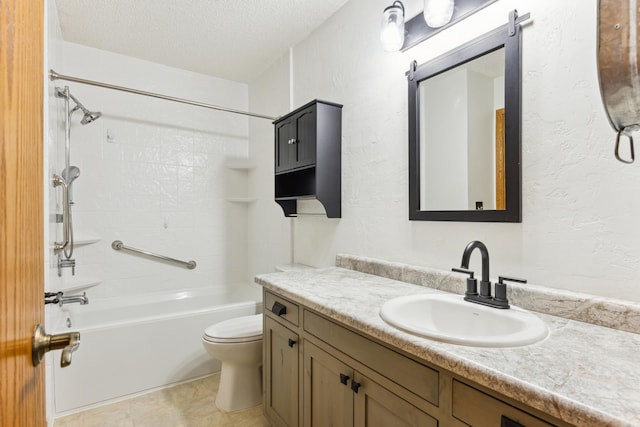 bathroom with a textured ceiling, a textured wall, vanity, and toilet