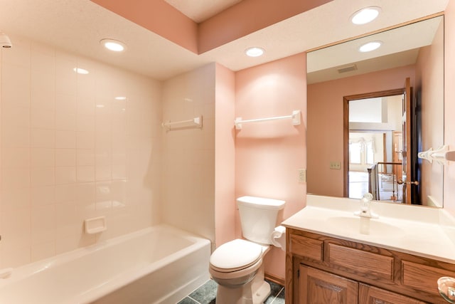 full bathroom with shower / bathing tub combination, vanity, and toilet