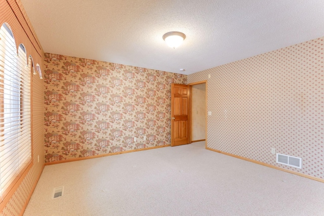 unfurnished room with carpet and a textured ceiling