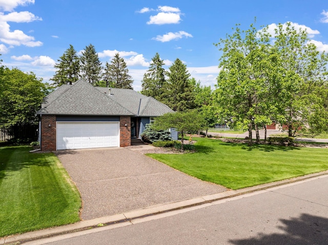 5639 Park Place Dr, Shoreview, MN 55126 - view of front of home with asphalt driveway, an attached garage, brick siding, and a front yard