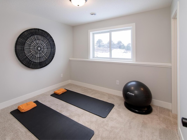 workout area featuring carpet flooring