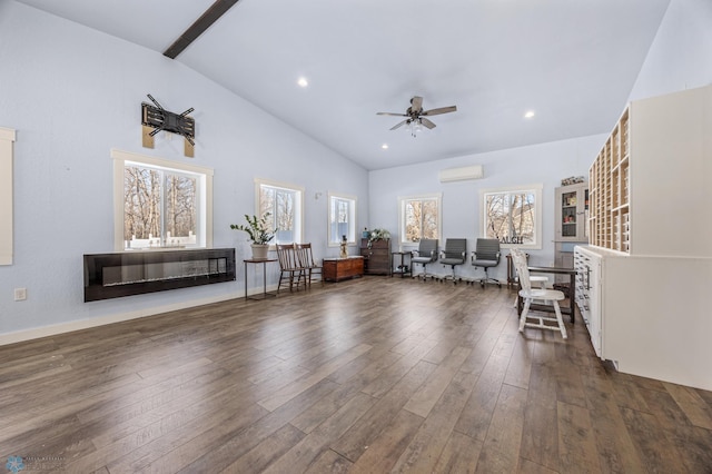 unfurnished living room with dark wood-type flooring, high vaulted ceiling, an AC wall unit, beamed ceiling, and ceiling fan