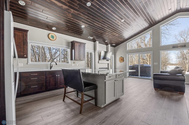 25379 Deerpath Loop, Pelican Rapids, MN 56572 - kitchen featuring vaulted ceiling, wood ceiling, healthy amount of natural light, a center island, and light wood-type flooring