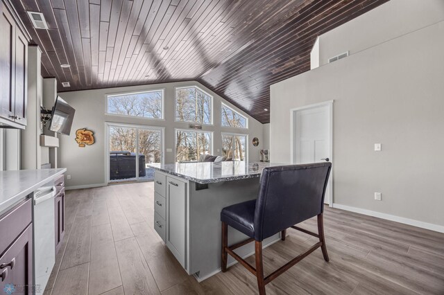 25379 Deerpath Loop, Pelican Rapids, MN 56572 - kitchen with wood ceiling, a kitchen breakfast bar, baseboards, a kitchen island, and light stone countertops