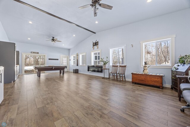 25379 Deerpath Loop, Pelican Rapids, MN 56572 - rec room with a ceiling fan, vaulted ceiling, pool table, hardwood / wood-style floors, and recessed lighting