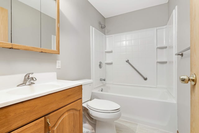 full bathroom featuring vanity, tile patterned floors,  shower combination, and toilet