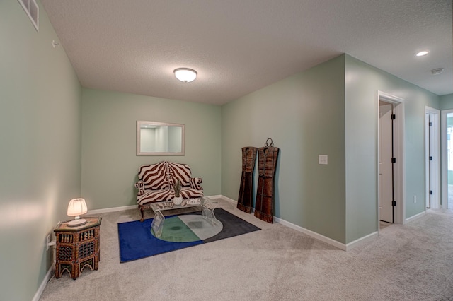 living area featuring a textured ceiling and carpet flooring