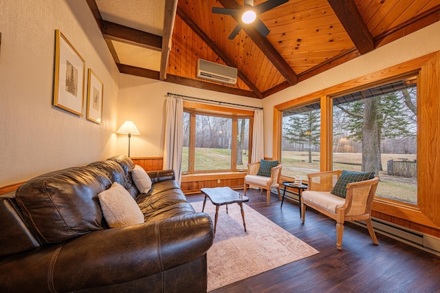 living room featuring dark hardwood / wood-style floors, a wall mounted air conditioner, lofted ceiling with beams, ceiling fan, and wood ceiling