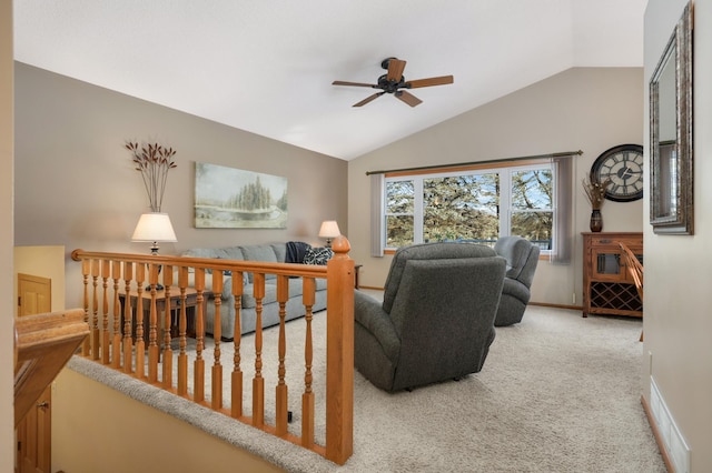 carpeted living room featuring lofted ceiling and ceiling fan