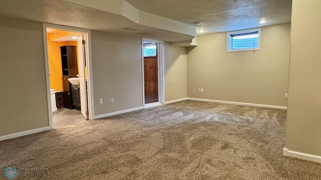 basement featuring carpet floors and a textured ceiling