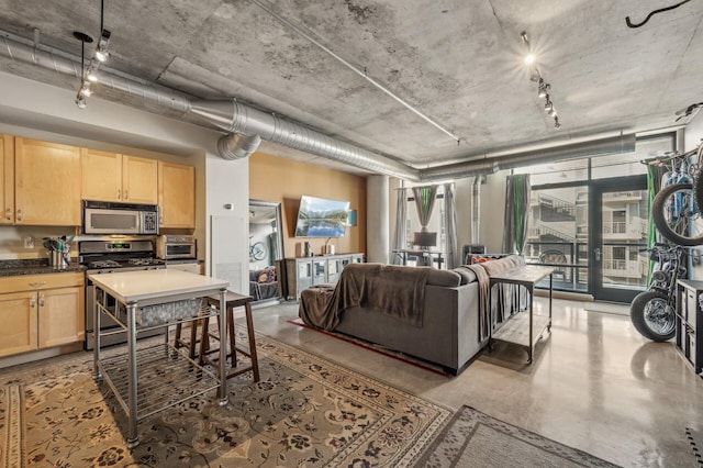 kitchen with light brown cabinets, rail lighting, and appliances with stainless steel finishes