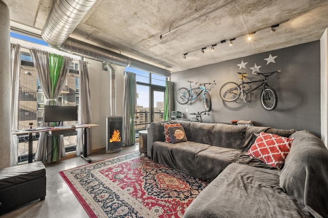 living room with concrete floors