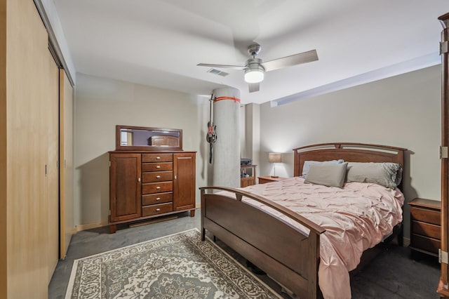 bedroom featuring ceiling fan and a closet