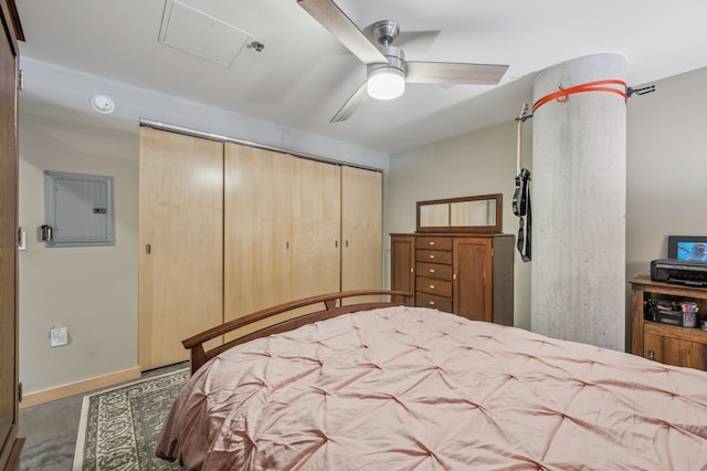 bedroom with electric panel, ceiling fan, and a closet