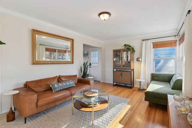 living room with light hardwood / wood-style flooring, ornamental molding, and plenty of natural light