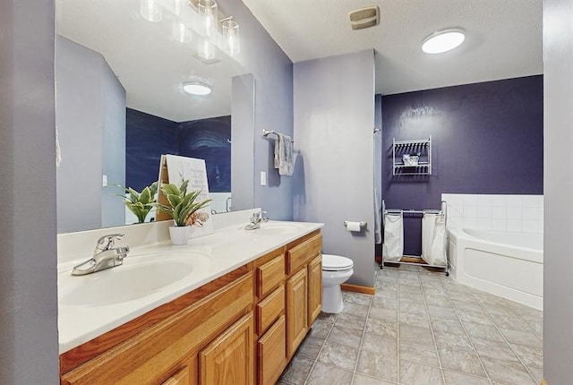 full bathroom with a garden tub, toilet, double vanity, and a sink