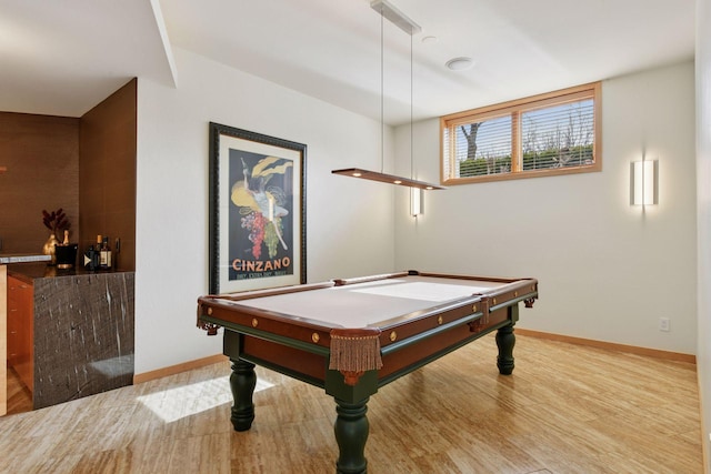 game room featuring pool table, wood finished floors, and baseboards