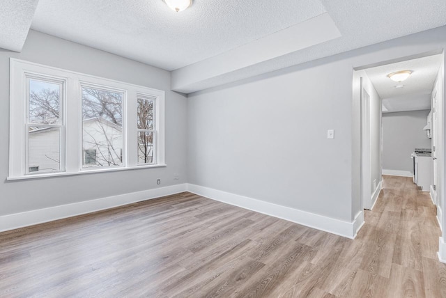 empty room with a textured ceiling and light wood-type flooring