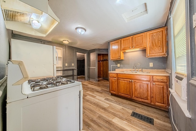 kitchen with ventilation hood, sink, light hardwood / wood-style floors, and white gas stove