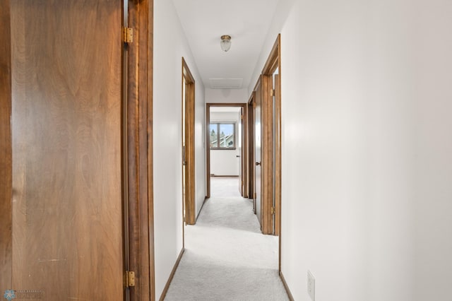 corridor featuring light colored carpet