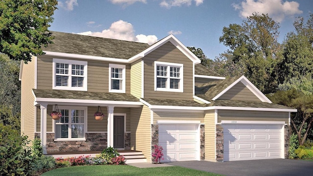 1691 Oak Creek Ct, Chaska, MN 55318 - view of front facade with asphalt driveway, stone siding, roof with shingles, and a garage