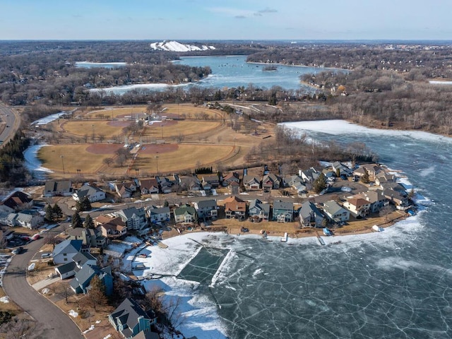 drone / aerial view with a water view