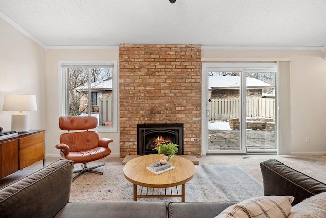 living room featuring ornamental molding, a brick fireplace, plenty of natural light, and light colored carpet