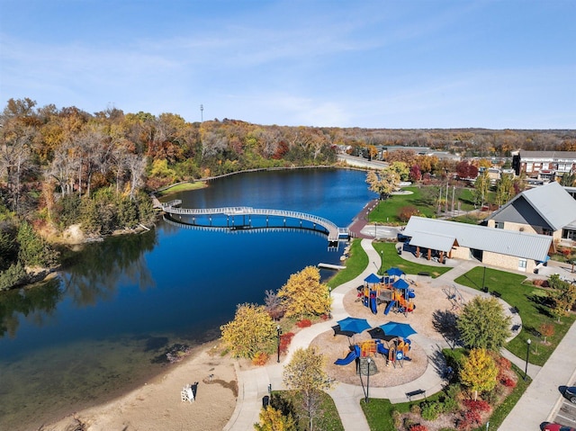 birds eye view of property featuring a water view