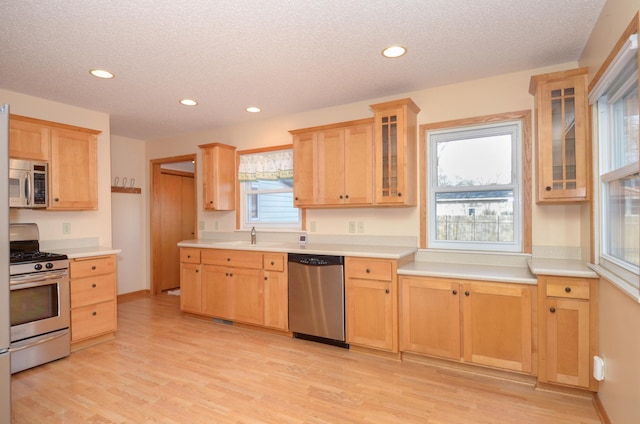 kitchen featuring stainless steel appliances, plenty of natural light, sink, and light wood-type flooring