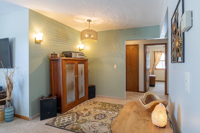 interior space featuring baseboards, a textured ceiling, and light colored carpet