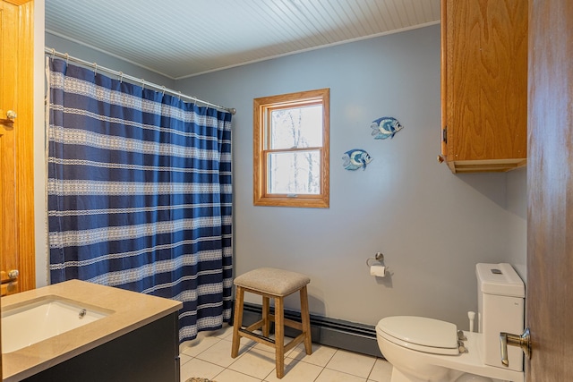 full bathroom with toilet, a shower with curtain, tile patterned floors, baseboard heating, and vanity