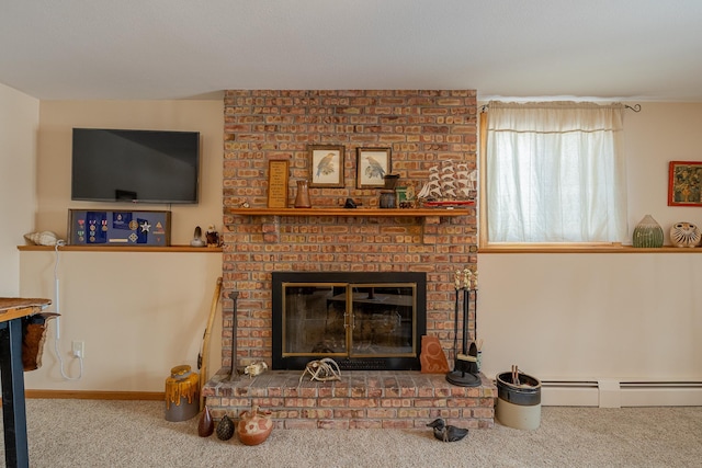 carpeted living area with a baseboard heating unit and a fireplace