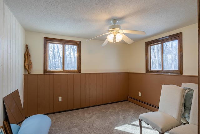 sitting room featuring a textured ceiling, a baseboard radiator, light colored carpet, wood walls, and wainscoting