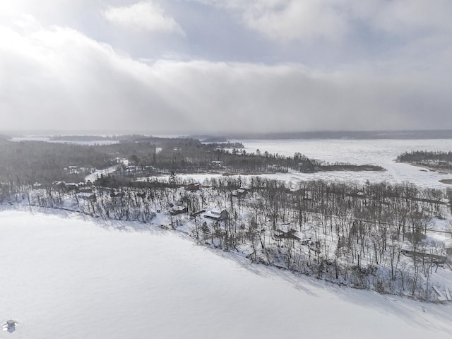 snowy aerial view featuring a water view