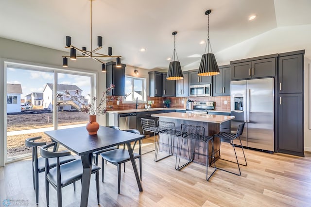 kitchen with pendant lighting, stainless steel appliances, a center island, decorative backsplash, and vaulted ceiling