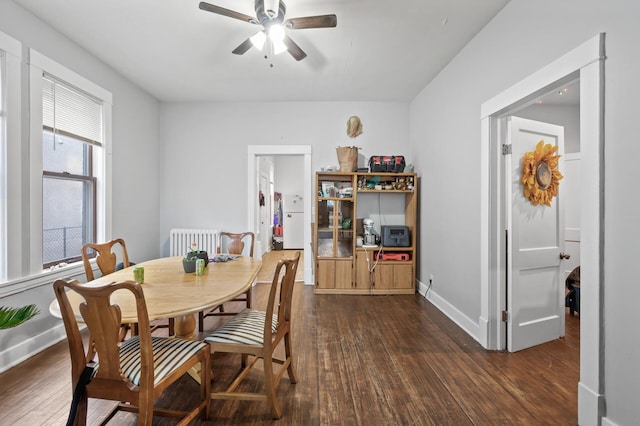 dining room featuring dark wood-type flooring, ceiling fan, and radiator heating unit