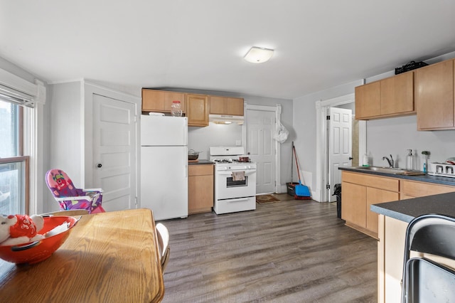 kitchen with white appliances, dark hardwood / wood-style flooring, and sink