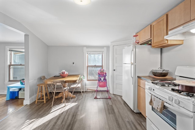 kitchen with dark hardwood / wood-style floors, light brown cabinetry, and white gas stove