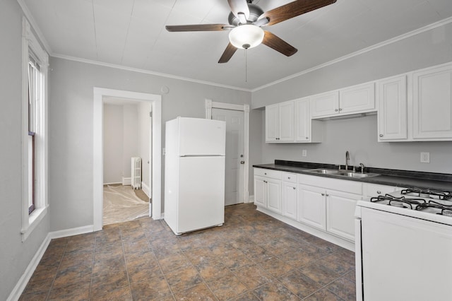 kitchen with white cabinetry, ornamental molding, sink, and white appliances