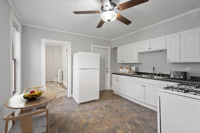 kitchen with white cabinetry, sink, crown molding, and white appliances