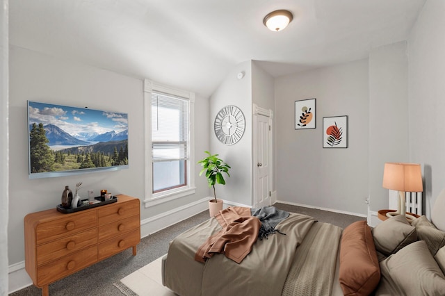 carpeted living room with lofted ceiling