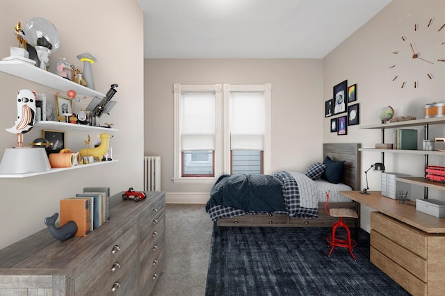 carpeted bedroom with radiator