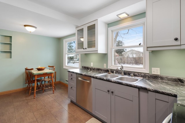 kitchen with sink, gray cabinetry, dark stone countertops, white cabinets, and stainless steel dishwasher