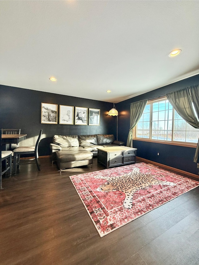 living room with dark hardwood / wood-style flooring