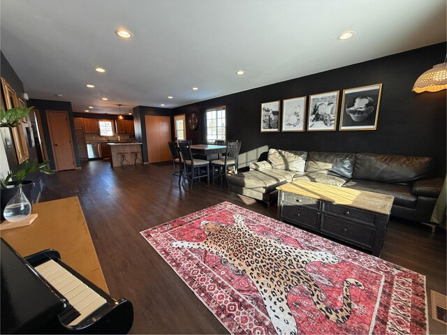 living room with dark hardwood / wood-style floors