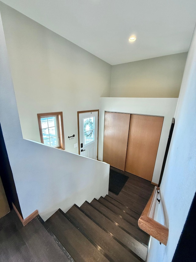 stairway with hardwood / wood-style flooring