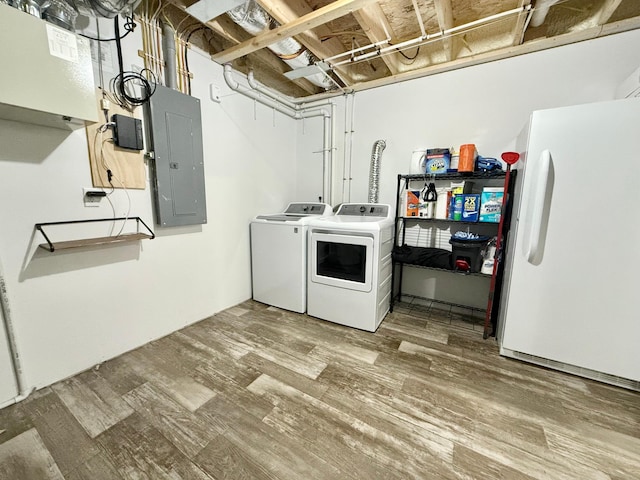 laundry area with wood-type flooring, electric panel, and washing machine and clothes dryer