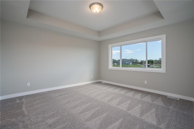 carpeted spare room with a tray ceiling