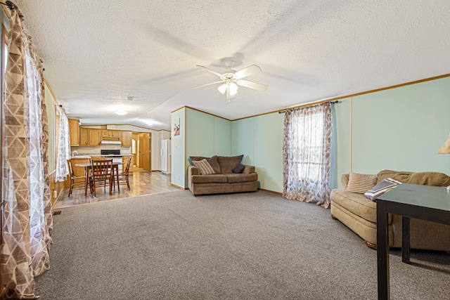 living room featuring vaulted ceiling, light colored carpet, ceiling fan, and a textured ceiling