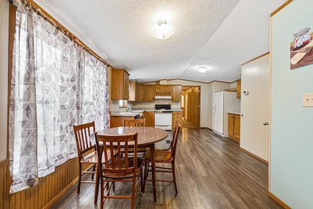 dining area with lofted ceiling, dark hardwood / wood-style flooring, a textured ceiling, and wood walls